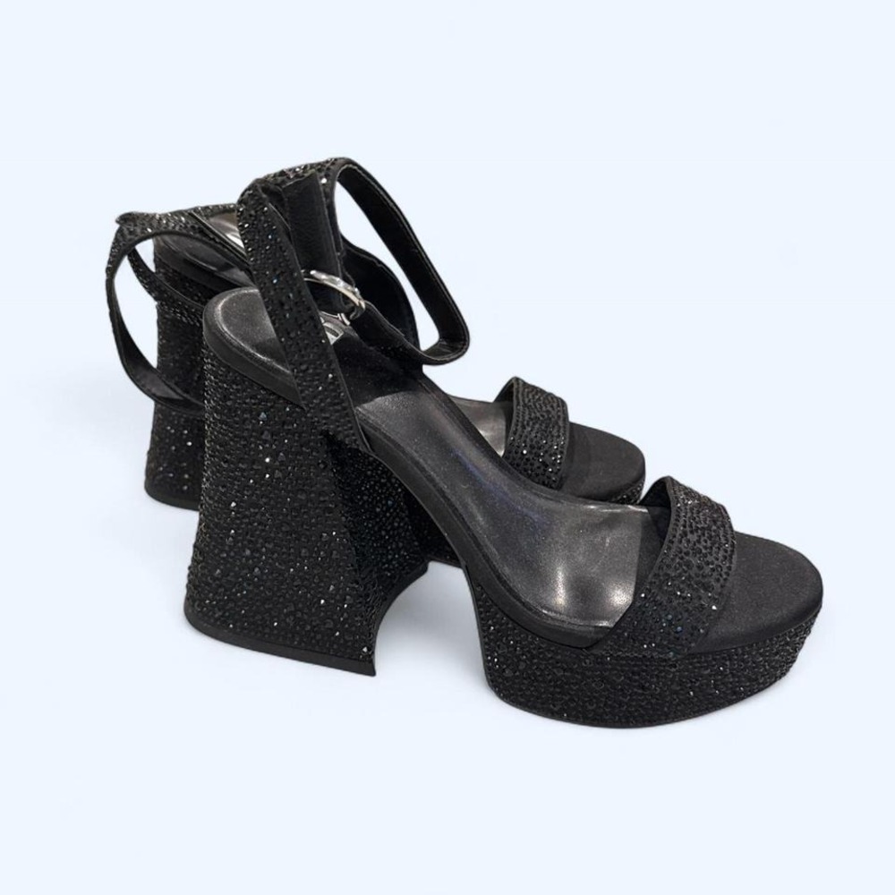 Black glitter platform sandals with ankle strap